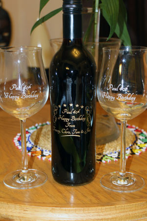engraved Wine bottle and glasses